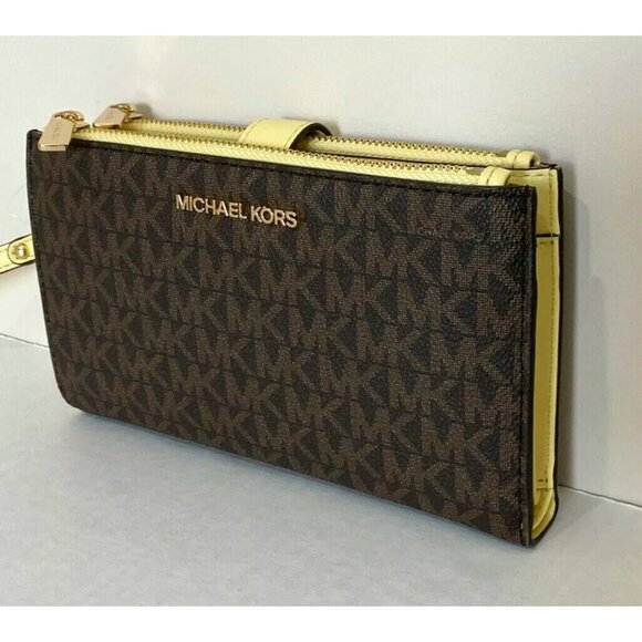 S Michael Kors Jet Set Signature Double-Zip Wristlet Brown Yellow NWT $198 - Picture 1 of 9